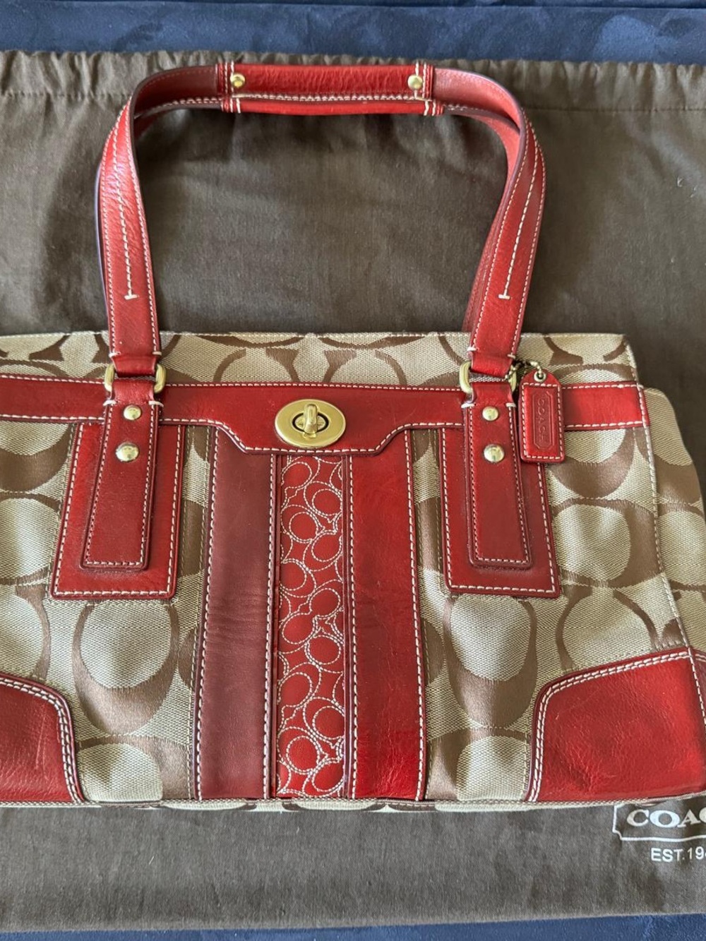 Coach “Hampton Signature Carryall” Canvas Shoulder Bag with Red Leather Trim